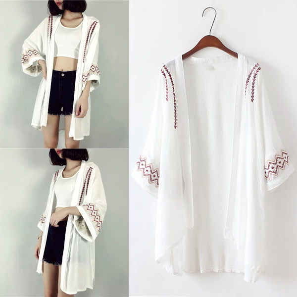 Cheshanf Embroidery Summer Cardigan Black White Kimono Cardigan Women Beach Loose Cardigan Hot Sale